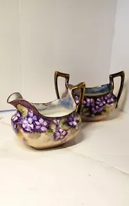 Vintage T&V Limoges Porcelain Sugar and Creamer, Purple, Green, Gilded Edges - Picture 1 of 6