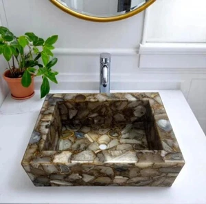 17" x 13" Brown Agate Wash Basin | Handcrafted Gemstone Vessel Sink | Natural Se - Picture 1 of 5