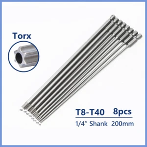 T10-T30 Torx Schraubendreher Bit Satz Extra Lang 200mm Magnetisch Hex Schaft - Picture 1 of 15