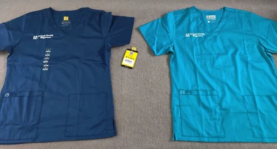 Lot of 2 Wonder Wink Womens V-Neck Scrub Top S Navy Blue Teal Business Logo NEW - Image 1 of 4