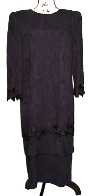 Vintage Leslie Fay Black Crinkled Crepe Layered Long Sleeve Dress - Women's 14 - Image 1 of 4