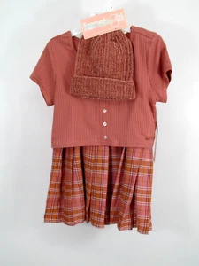 KENSIE GIRL 3pc Set Girl Brown Top-Size 14, Pleated Plaid Skirt-Size 14 & Beanie - Picture 1 of 15