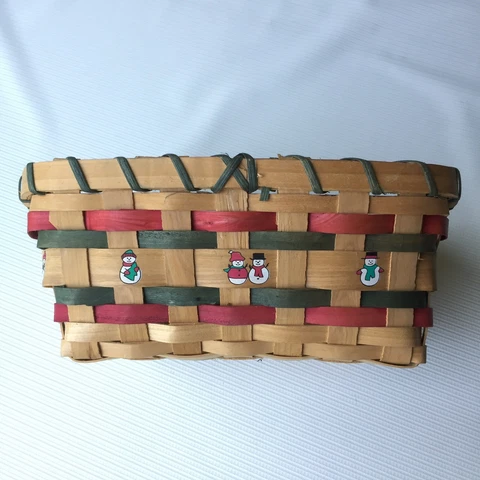 Snowman Straw Basket Weave Woven Christmas Winter Theme Red Green Square Vintage Cover