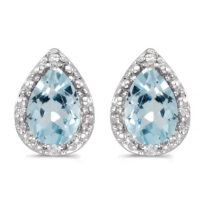 14k White Gold Pear Aquamarine And Diamond Earrings - Picture 1 of 2