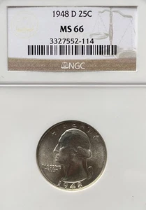 1948-D Silver Washington Quarter 25C, NGC MS 66 - Picture 1 of 2