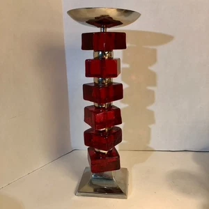 Red Glass Block and Metal Pillar Candle Stand 11" Tall Unique - Picture 1 of 6