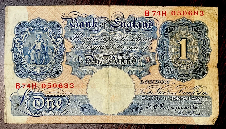 Billete de una libra emisión de emergencia del Banco de Inglaterra 1940 (emisión Peppiatt) (1) Foto 1 de 2