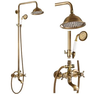 Antique Brass Shower Faucet System Exposed Rain Shower Head Combo with Tub Spout - Picture 1 of 10