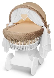Ruedas de mimbre blanco cuna/bebé Moisés cesta + ropa de cama completa beige/hoyuelo - Imagen 1 de 6