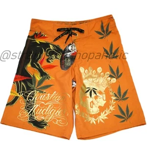 Christian Audigier "Rasta" Board Shorts Size 36 Orange Vintage Ed Hardy NWT Y2K - Picture 1 of 12