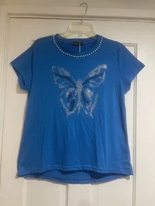 Blue Almalka Fashion Faux Pearl & Rhinestone Butterfly Shirt Size L - Picture 1 of 6