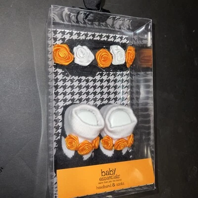 Baby Essentials HeadBand+Socks 0-6 months BLACK WHITE ORANGE flowers HALLOWEEN - Image 1 of 4