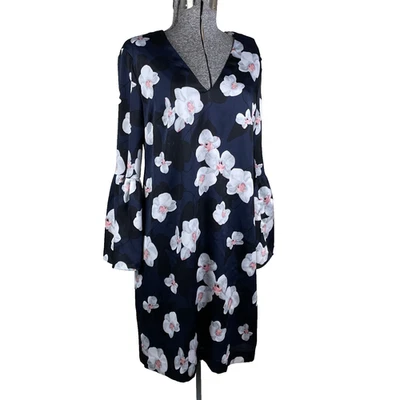 Banana Republic Floral Dress Size 8 Navy Blue Bell Sleeve Crepe - Image 1 of 4