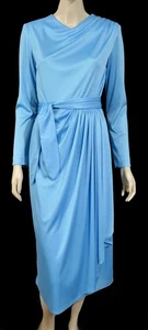 Vintage 70s Miss Elliette Blue Poly Sheen Draping Coctail Pary Dress M - Picture 1 of 7