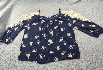 Soprano Mujer MED Hombro Frío Top Encaje Cerradura Boho Campesino Azul Semi Transparente Foto 1 de 4