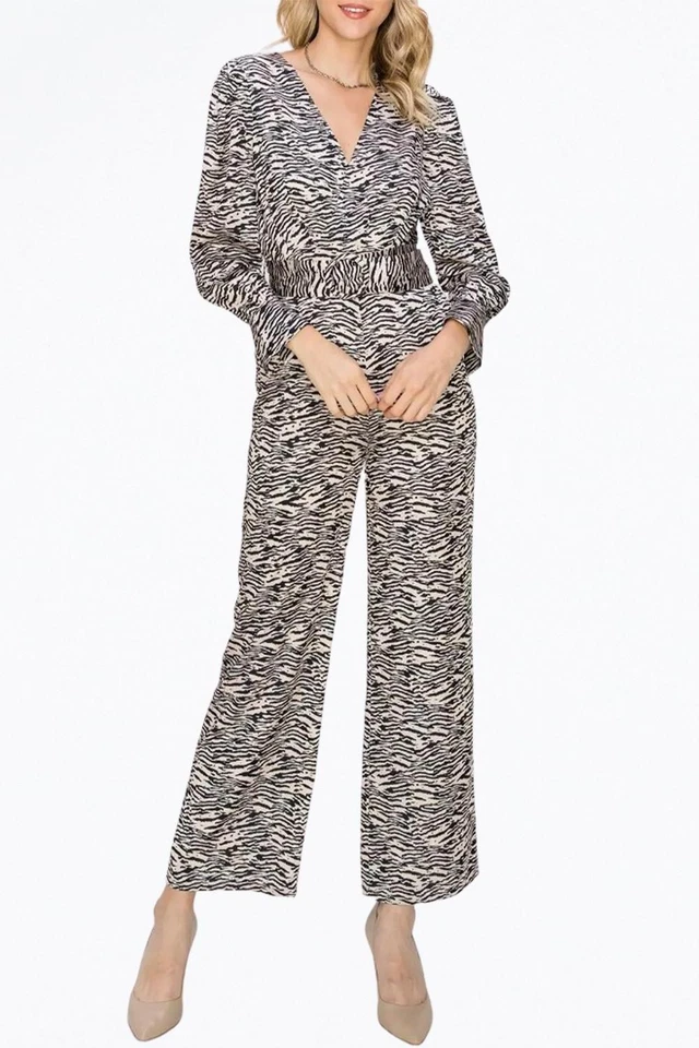 Adelyn Rae Toni Zebra-Print Belted Wrap-Effect Sateen Jumpsuit Tan/black - Изображение 1 из 1