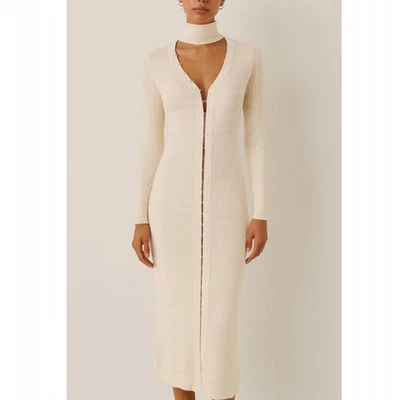 Jonathan Simkhai Ribbed Knit Cutout Choker Neck Wool Midi Dress Cream Size XS - Image 1 of 4