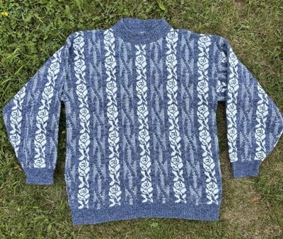 Vtg Haband For Her Pullover Knit Sweater Size L Blue White Floral Grandmacore - Image 1 of 4