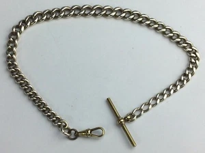 Antique Solid Sterling Silver Albert Pocket Watch Chain Plated T Bar / Dog Clip - Picture 1 of 10