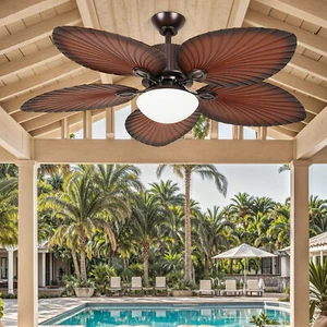52-Inch Brown Tropical Ceiling Fan with 5 Palm Leaf Blades, Remote Control - Picture 1 of 34