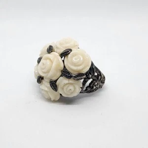 SX Sally C Treasures 8 Sterling Silver Carved White Coral Lrg Rose Bouquet Ring - Picture 1 of 19