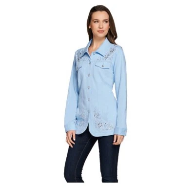 Quacker Factory Embellished French Terry Jeanne Jacket Sky Blue XX-Sml A272890 - Image 1 of 4