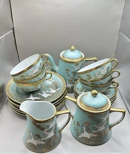 Antique Japan Teal Gold Gilt Jeweled Hand Painted Flying Swans 21 piece Tea Set - Picture 1 of 20