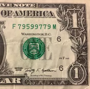 Sujetalibros 7s 9s Trinary ☆ 79599779 ☆ BILLETE DE UN DÓLAR números impares de serie de lujo - Imagen 1 de 6