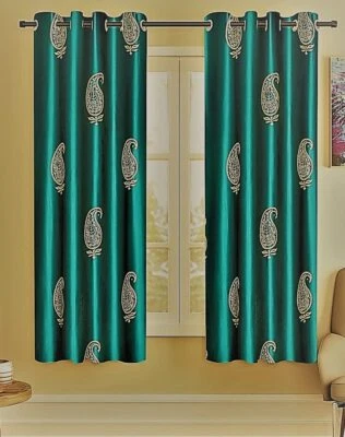2 Pieces Hand Block Gold Paisley Eyelet Polyester Window Curtains 5Ft - Green - Image 1 of 4