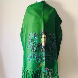 Chal mexicano rebozo bufanda envolvente artista Frida Kahlo Reboso color verde pashmina - Imagen 1 de 4