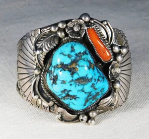 NAVAJO CS STERLING, TURQUOISE, CORAL HANDMADE Vintage CUFF BRACELET, Estate Sale - Picture 1 of 9