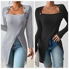 Leisure Home Square Neck Split Mid Length Dress Long Sleeve Knitwear  Daily