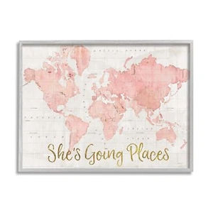Stupell Industries She's Going Places Quote Pink Watercolor World Map, Grey F... - Picture 1 of 6