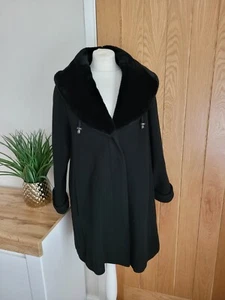 BERGHAUS Vintage Black Overcoat Wool & Cashmere Faux Fur Collar ~ Size 12 - Picture 1 of 14