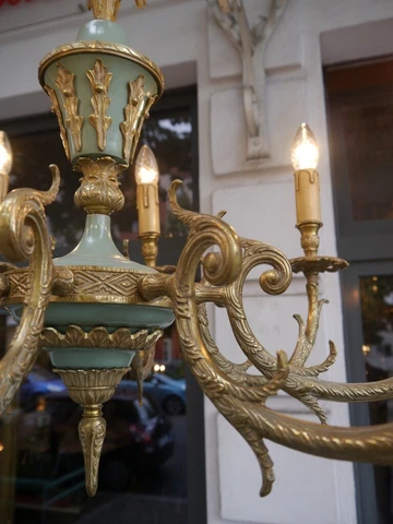 GREEN VARNISH 8 LIGHT BRASS EMPIRE CHANDELIER LAMP FRENCH OLD Ø 26" Cover