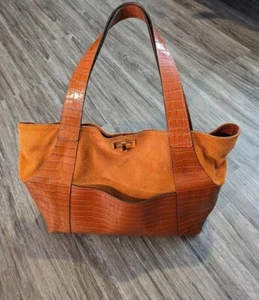 Claudia Firenze Genuine Leather Handbag Purse Croc Suede Shoulder Bag Orange - Picture 1 of 24