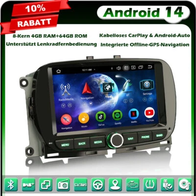8-Kern 4+64GB DAB+ Android 14 Autoradio GPS Navi CarPlay Fiat 500 500C 500S 500E - Bild 1 von 4