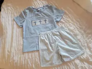 Boy's Boutique Blue Easter Cross Embroidered Gingham 2 Piece Outfit Set Matching - Picture 1 of 6