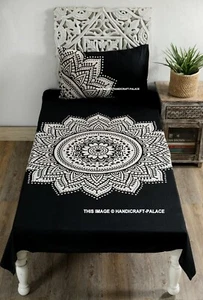 Black White Ombre Mandala Printed Bed Sheet Indian Cotton Single Sheet Set Throw - Picture 1 of 4