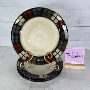 Pfaltzgraff CALICO Red Tan Mosaic Tile Block Cream Ceramic Dinner Plates Set 4 - Picture 1 of 18