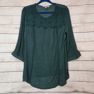 Fig & Flower Shirt Women's 1X Green Sheer Crochet Lace Peasant Boho 3/4 Sleeve - Picture 1 of 15