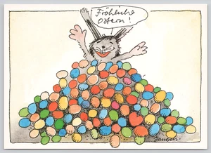 Postcard Bunny in Colorful Egg Pile Happy Easter Greetings Artist Signed Janosch - Picture 1 of 2