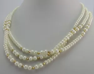  3-Reihige Halskette mit Zuchtperlen & Goldkugeln / Verschluss 585er 14 K Gold  - Picture 1 of 3