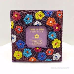 Vintage Two's Company 3.5 x 3.5 in Floral Beaded Picture Photo Square Frame - Picture 1 of 18