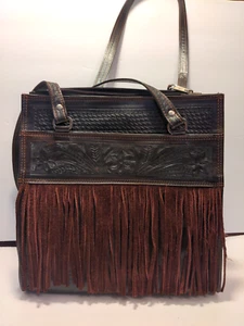 New American West Hand Tooled Brown Leather Fringe Western Purse Bag Handbag - Picture 1 of 14