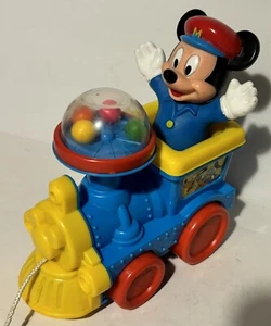 Disney Mickey Mouse Train Pull Toy Vintage Blue yellow Red Pop Balls Corn Popper - Picture 1 of 2