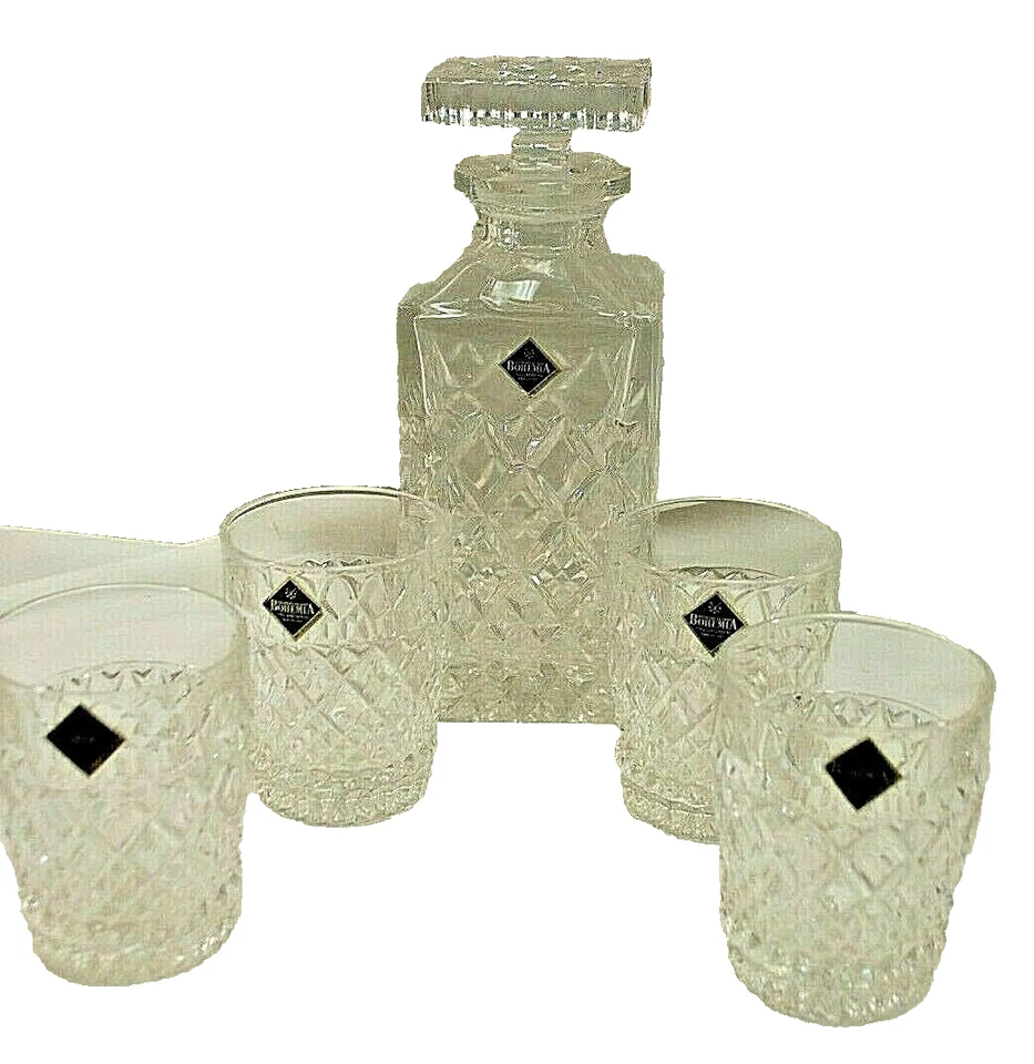 Bohemia Crystal Decanter and 4 Matching Glasses  Original Stickers No Box  S9191 - Image 1 of 4