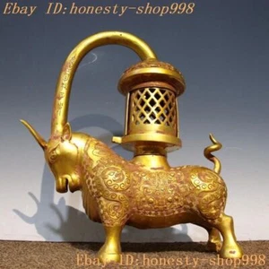 14.4" China dynasty bronze Ware Gilt sacrifice Ox Bull Bovine Palace lamp statue - Picture 1 of 9