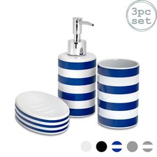 Bathroom Accessory Set 3 pcs Soap Dispenser, Dish & Tumbler - Blue White Stripe