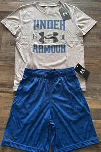 NWT Under Armour YMD Boys Blue/Gray/Black Big Logo Shorts Set Medium - Picture 1 of 5